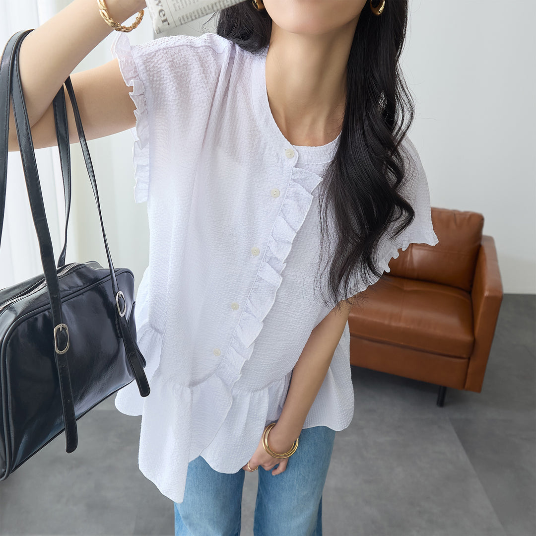 <span>【クーポンで3999円！】</span>【シャツ/ブラウス】『夏映えフリル』 フリル使いブラウス