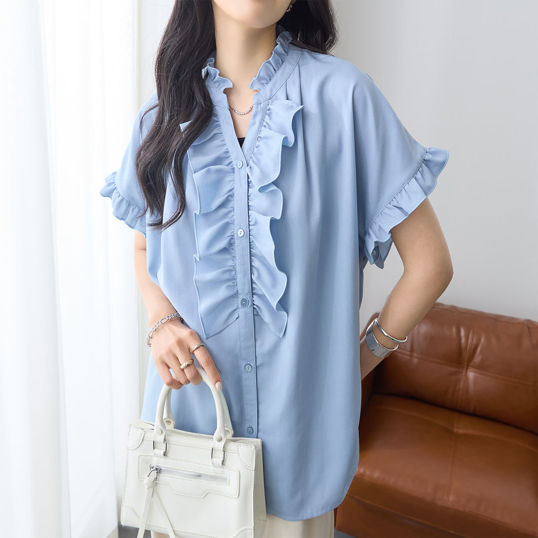 <span>【クーポンで3999円！】</span>【シャツ/ブラウス】『大人フリルブラウス』 フリル使いサマーブラウス