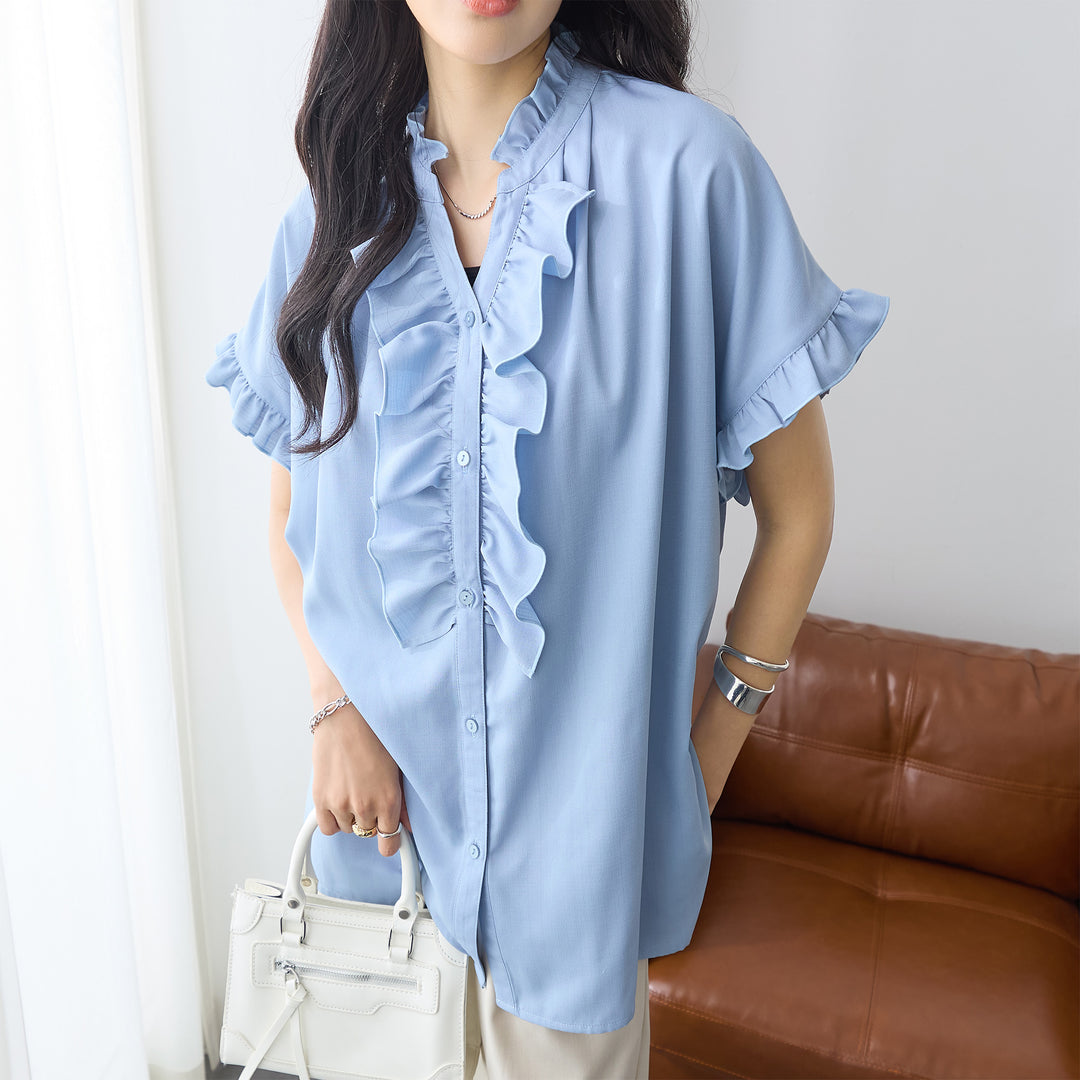 <span>【クーポンで3999円！】</span>【シャツ/ブラウス】『大人フリルブラウス』 フリル使いサマーブラウス
