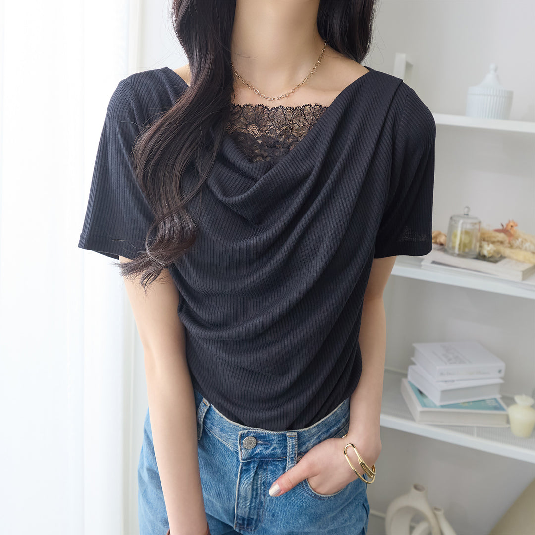 <span>【クーポンで2999円！】</span>【Tシャツ/カットソー】『着映えるレース×ドレープ』 レース使いドレープトップス