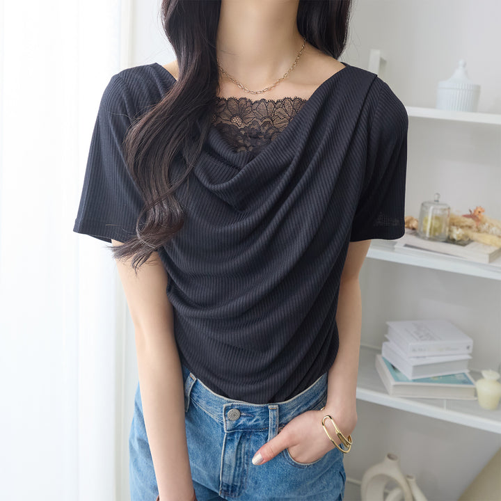 <span>【クーポンで2999円！】</span>【Tシャツ/カットソー】『着映えるレース×ドレープ』 レース使いドレープトップス