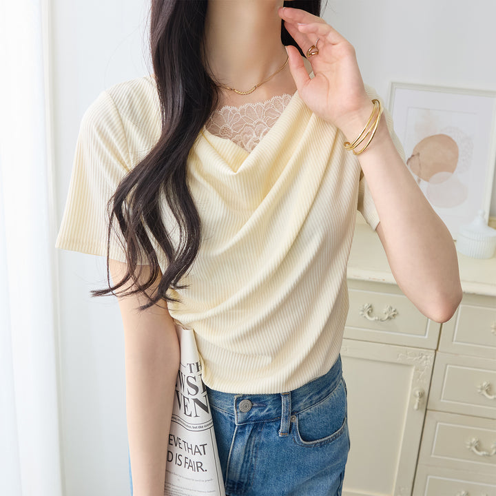 <span>【クーポンで2999円！】</span>【Tシャツ/カットソー】『着映えるレース×ドレープ』 レース使いドレープトップス