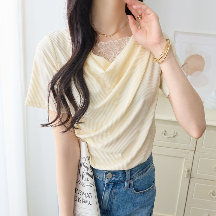 <span>【クーポンで2999円！】</span>【Tシャツ/カットソー】『着映えるレース×ドレープ』 レース使いドレープトップス