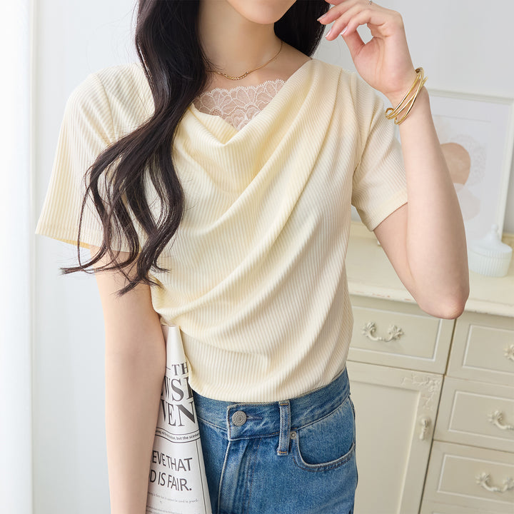 <span>【クーポンで2999円！】</span>【Tシャツ/カットソー】『着映えるレース×ドレープ』 レース使いドレープトップス