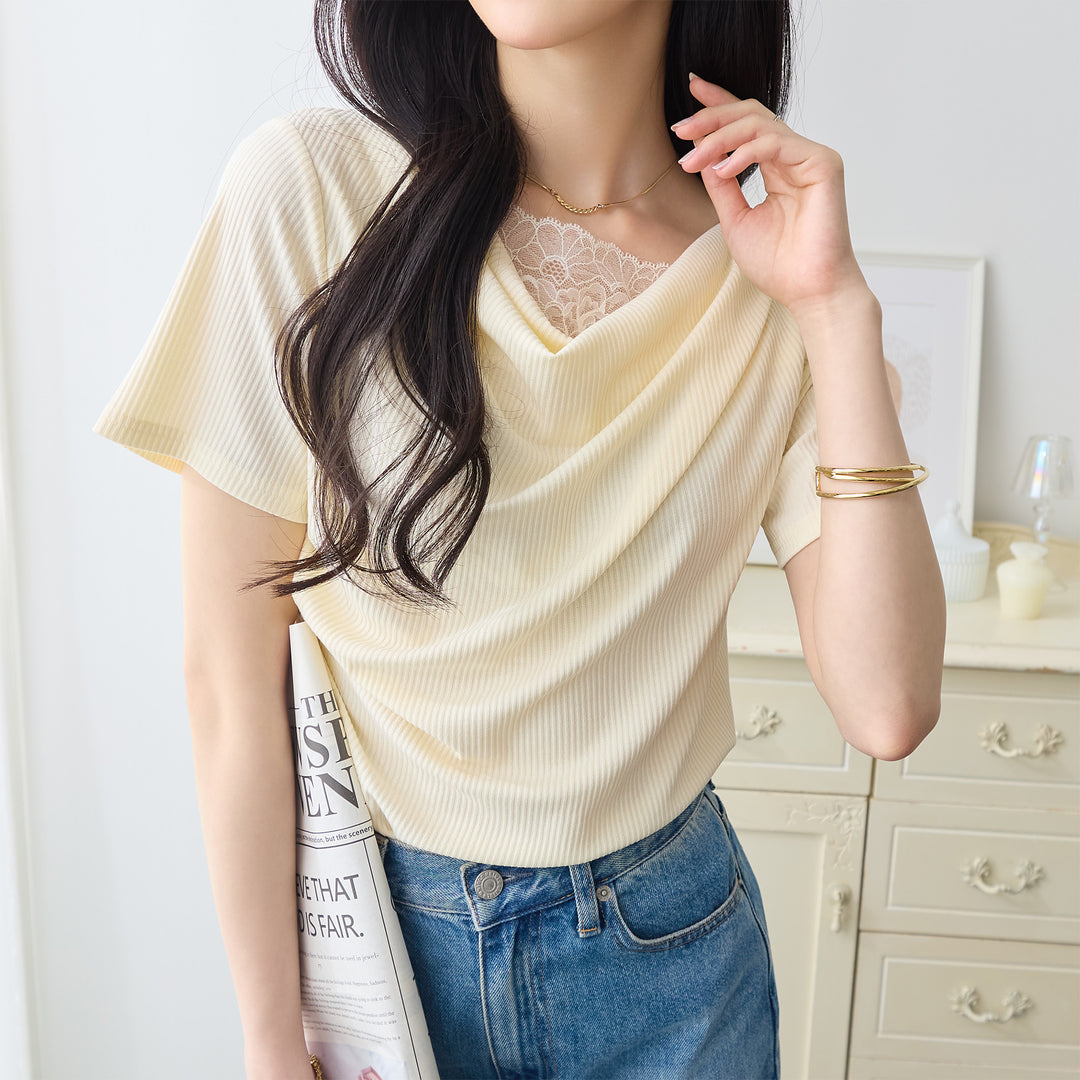 <span>【クーポンで2999円！】</span>【Tシャツ/カットソー】『着映えるレース×ドレープ』 レース使いドレープトップス