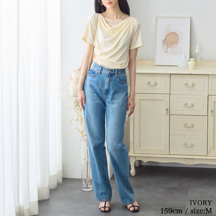 <span>【クーポンで2999円！】</span>【Tシャツ/カットソー】『着映えるレース×ドレープ』 レース使いドレープトップス