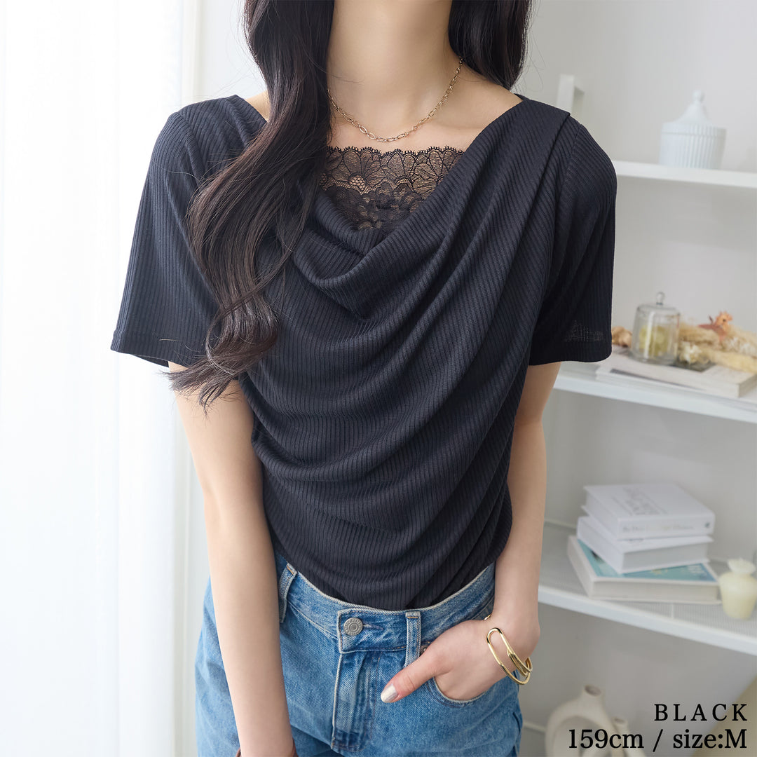<span>【クーポンで2999円！】</span>【Tシャツ/カットソー】『着映えるレース×ドレープ』 レース使いドレープトップス