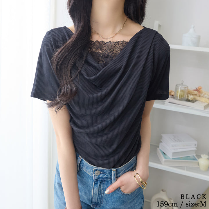<span>【クーポンで2999円！】</span>【Tシャツ/カットソー】『着映えるレース×ドレープ』 レース使いドレープトップス