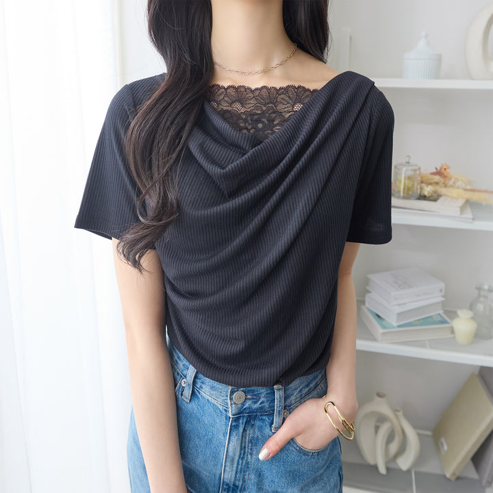 <span>【クーポンで2999円！】</span>【Tシャツ/カットソー】『着映えるレース×ドレープ』 レース使いドレープトップス