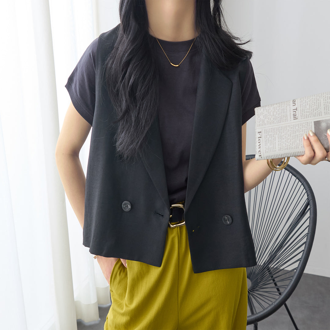 <span>【クーポンで3999円！】</span>【コート/ジャケット】『格上げ！きれいめジレ』 ダブルテーラードショートジレ