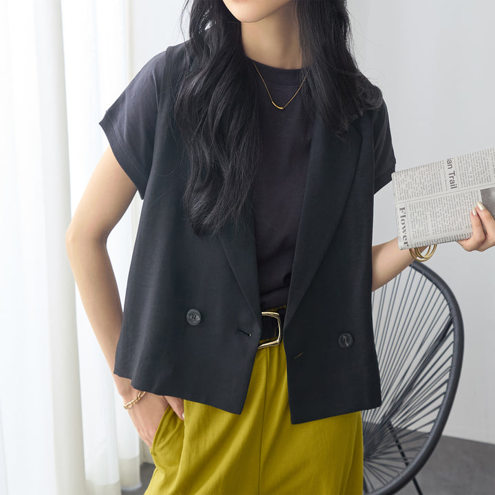 <span>【クーポンで3999円！】</span>【コート/ジャケット】『格上げ！きれいめジレ』 ダブルテーラードショートジレ