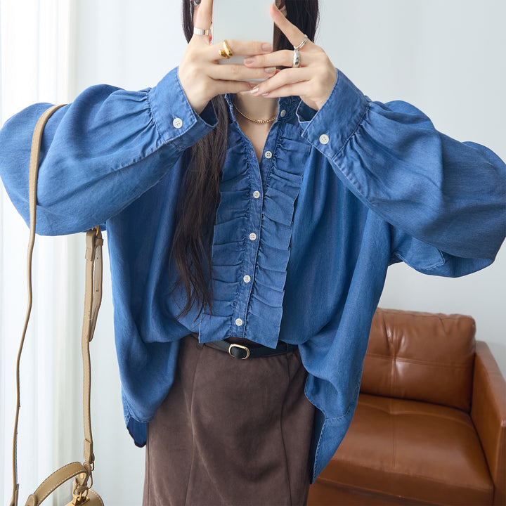 <span>【クーポンで3999円！】</span>【シャツ/ブラウス】『ドレープデニムフリルシャツ』 ドレープデニムフリルシャツ
