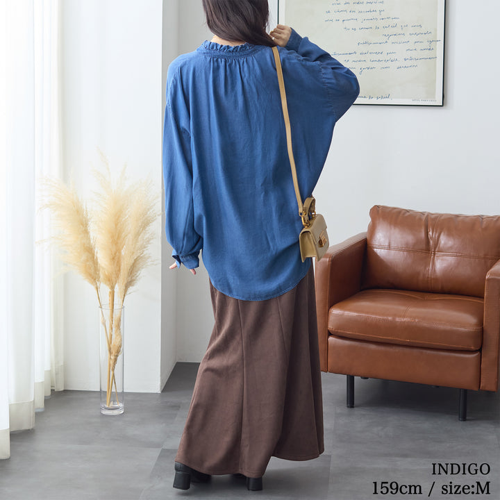 <span>【クーポンで3999円！】</span>【シャツ/ブラウス】『ドレープデニムフリルシャツ』 ドレープデニムフリルシャツ