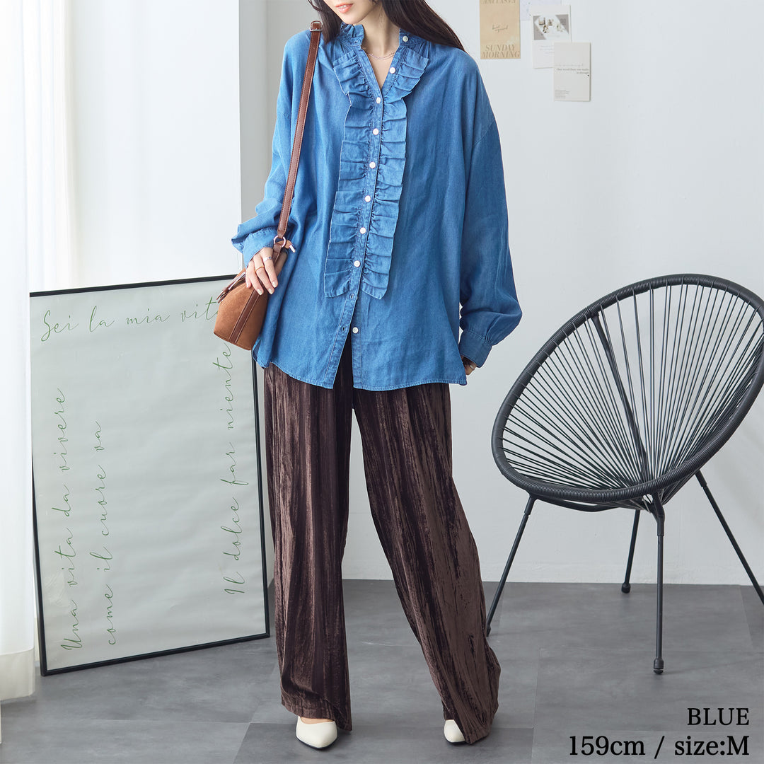 <span>【クーポンで3999円！】</span>【シャツ/ブラウス】『ドレープデニムフリルシャツ』 ドレープデニムフリルシャツ