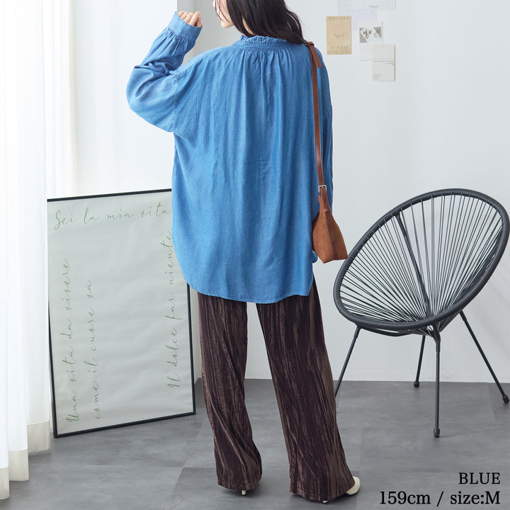 <span>【クーポンで3999円！】</span>【シャツ/ブラウス】『ドレープデニムフリルシャツ』 ドレープデニムフリルシャツ