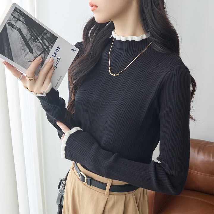 <span>【クーポンで2999円！】</span>【ニット/セーター】『着映える”配色×フリル”』 フリル配色リブニット
