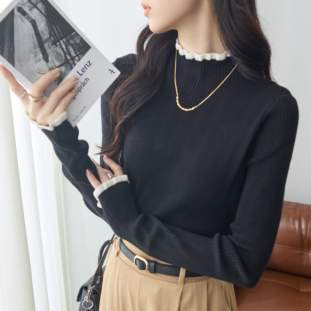 <span>【クーポンで2999円！】</span>【ニット/セーター】『着映える”配色×フリル”』 フリル配色リブニット