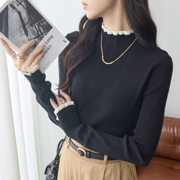 <span>【クーポンで2999円！】</span>【ニット/セーター】『着映える”配色×フリル”』 フリル配色リブニット