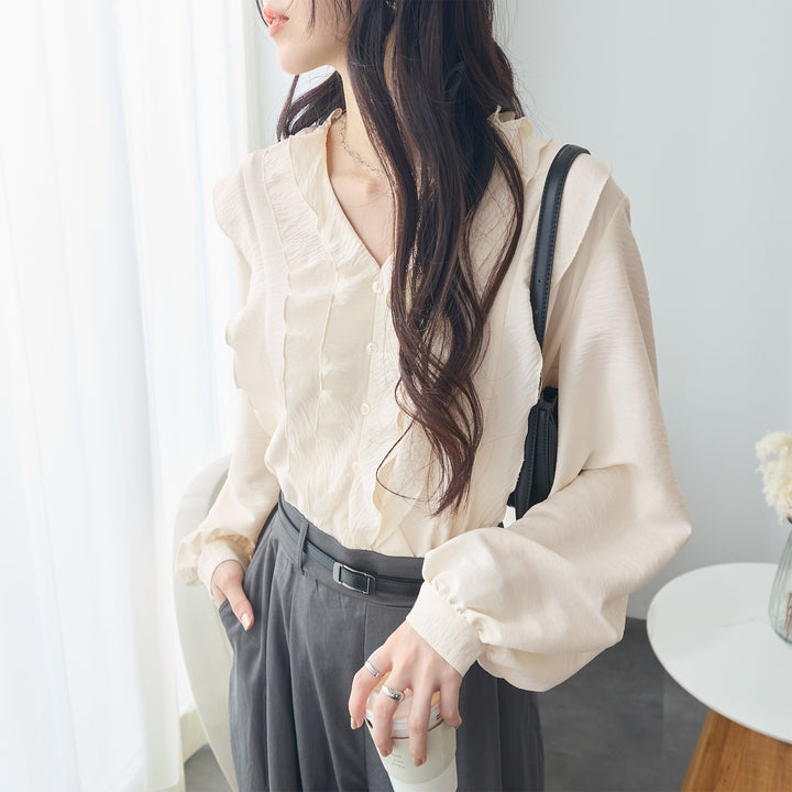 <span>【クーポンで3999円！】</span>【シャツ/ブラウス】『パウダーサテンフリルブラウス』 パウダーサテンフリルブラウス