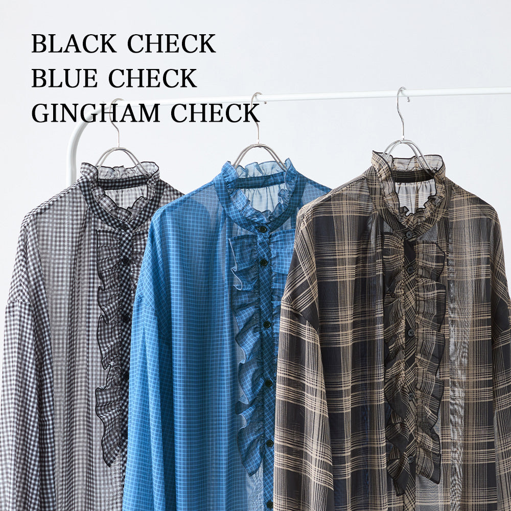 <span>【クーポンで3999円！】</span>【シャツ/ブラウス】『シアーなチェック×フリル』 シアーチェックフリルブラウス