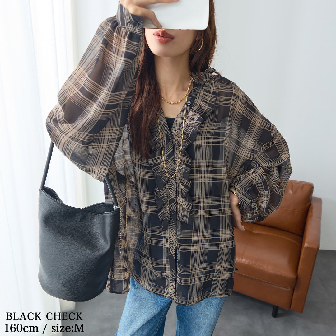 <span>【クーポンで3999円！】</span>【シャツ/ブラウス】『シアーなチェック×フリル』 シアーチェックフリルブラウス