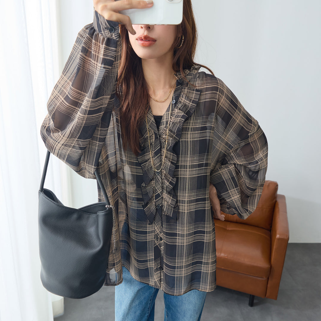 <span>【クーポンで3999円！】</span>【シャツ/ブラウス】『シアーなチェック×フリル』 シアーチェックフリルブラウス