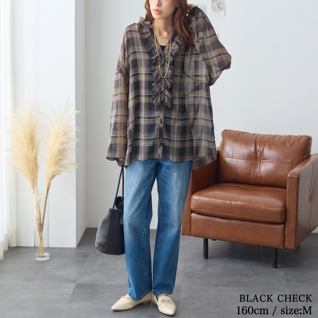 <span>【クーポンで3999円！】</span>【シャツ/ブラウス】『シアーなチェック×フリル』 シアーチェックフリルブラウス