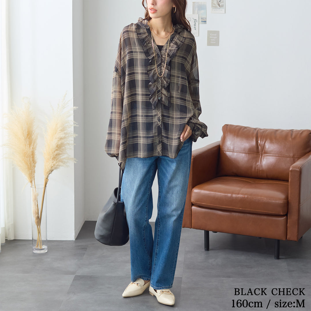 <span>【クーポンで3999円！】</span>【シャツ/ブラウス】『シアーなチェック×フリル』 シアーチェックフリルブラウス