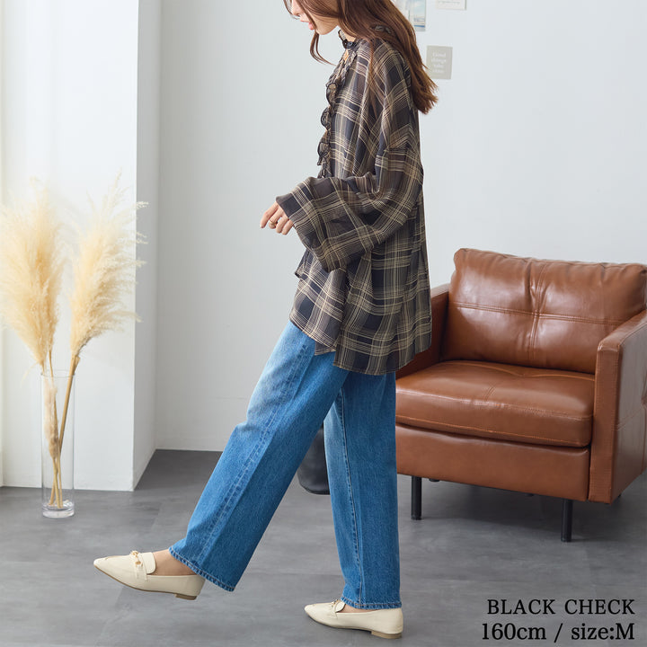 <span>【クーポンで3999円！】</span>【シャツ/ブラウス】『シアーなチェック×フリル』 シアーチェックフリルブラウス