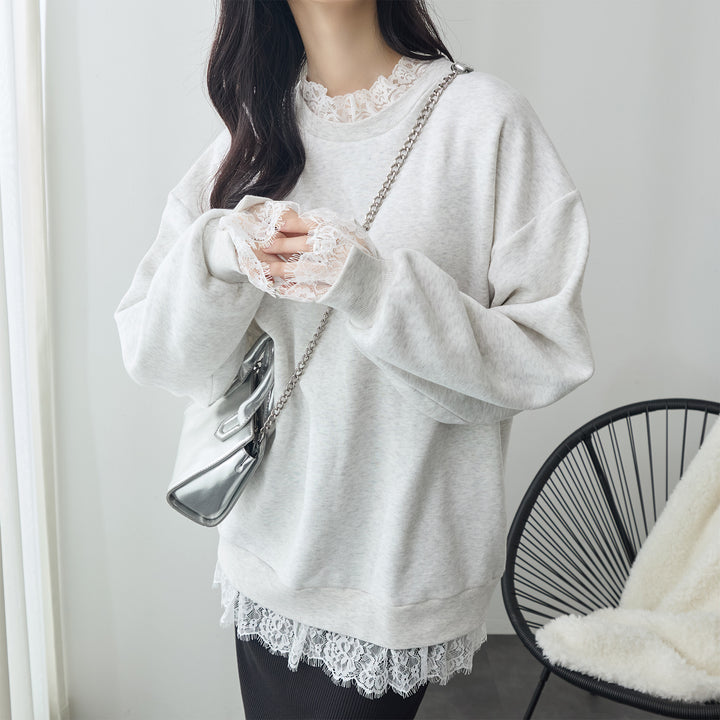 <span>【クーポンで3499円！】</span>【スウェット】『可愛いレーススウェット』 レースレイヤードスウェット