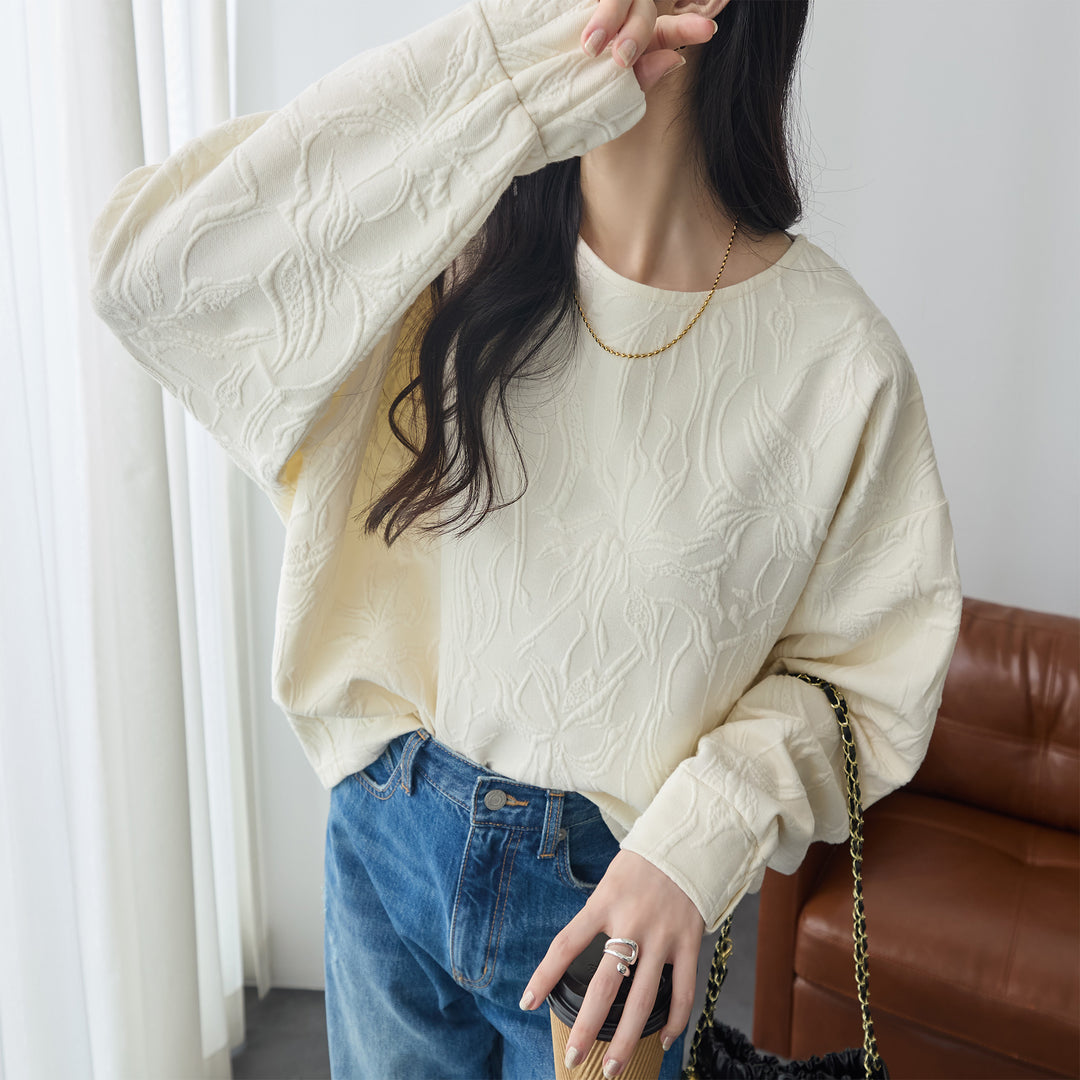 <span>【クーポンで2999円！】</span>【スウェット】『高見え”ゆる”トップス』 フラワージャカードゆるトップス