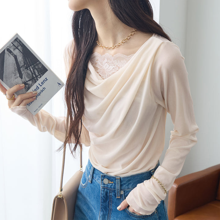 <span>【クーポンで2999円！】</span>【Tシャツ/カットソー】『ベロア×レース×ドレープ』 シアーベロアレース使いトップス