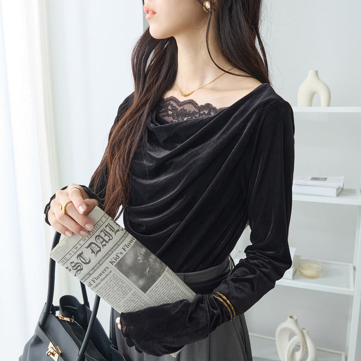 <span>【クーポンで2999円！】</span>【Tシャツ/カットソー】『ベロア×レース×ドレープ』 シアーベロアレース使いトップス