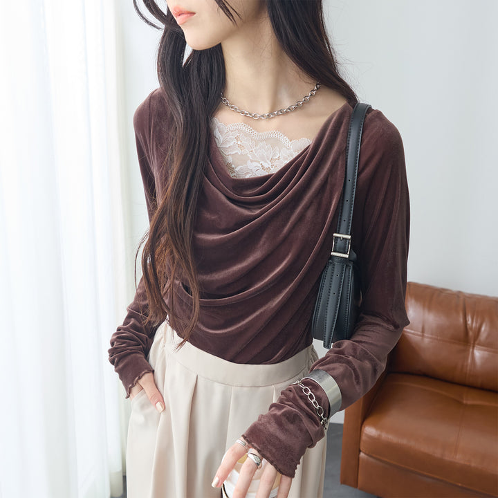 <span>【クーポンで2999円！】</span>【Tシャツ/カットソー】『ベロア×レース×ドレープ』 シアーベロアレース使いトップス