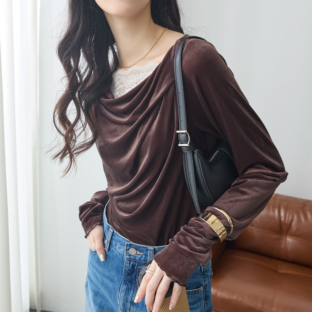 <span>【クーポンで2999円！】</span>【Tシャツ/カットソー】『ベロア×レース×ドレープ』 シアーベロアレース使いトップス