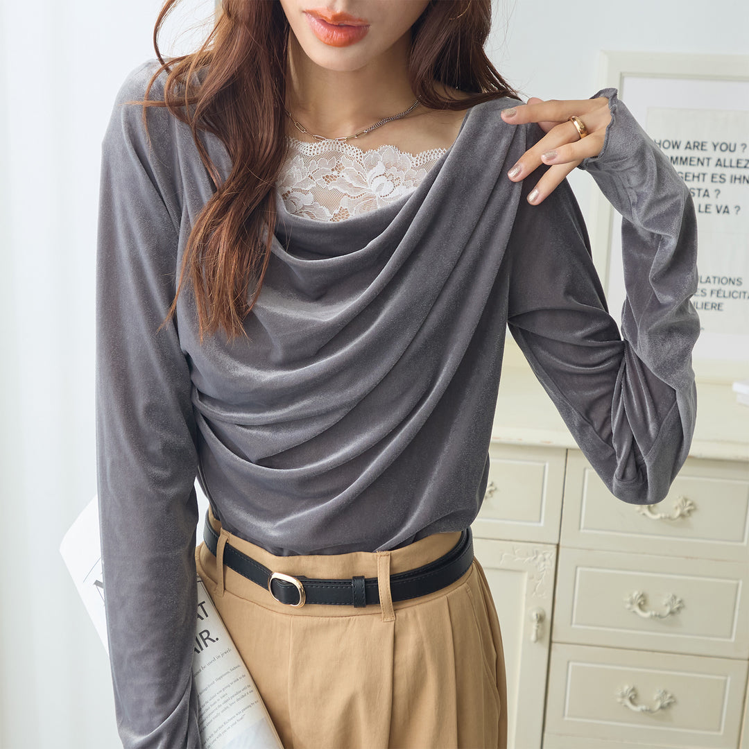 <span>【クーポンで2999円！】</span>【Tシャツ/カットソー】『ベロア×レース×ドレープ』 シアーベロアレース使いトップス