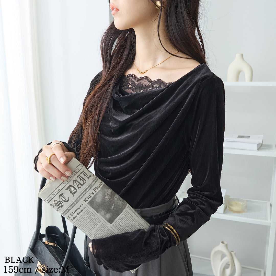 <span>【クーポンで2999円！】</span>【Tシャツ/カットソー】『ベロア×レース×ドレープ』 シアーベロアレース使いトップス