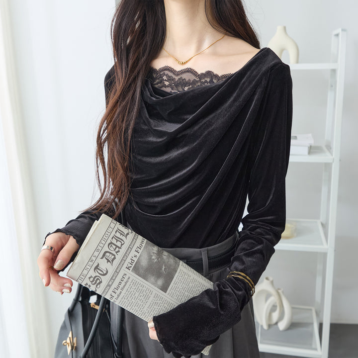 <span>【クーポンで2999円！】</span>【Tシャツ/カットソー】『ベロア×レース×ドレープ』 シアーベロアレース使いトップス