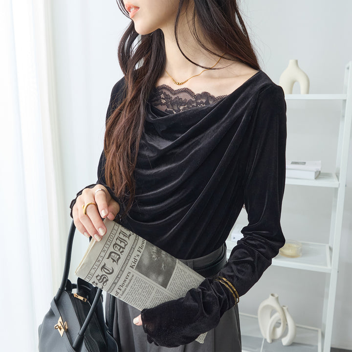 <span>【クーポンで2999円！】</span>【Tシャツ/カットソー】『ベロア×レース×ドレープ』 シアーベロアレース使いトップス