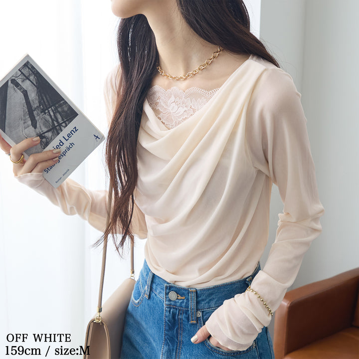 <span>【クーポンで2999円！】</span>【Tシャツ/カットソー】『ベロア×レース×ドレープ』 シアーベロアレース使いトップス