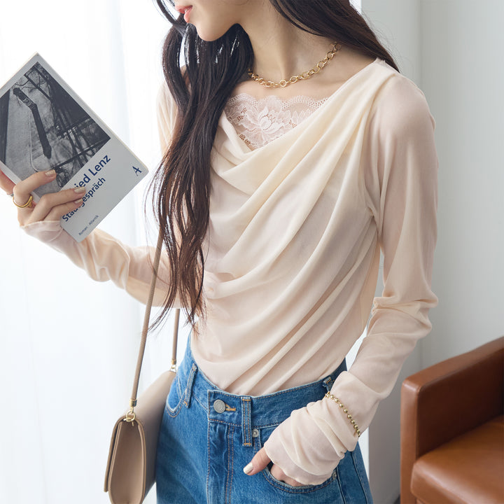 <span>【クーポンで2999円！】</span>【Tシャツ/カットソー】『ベロア×レース×ドレープ』 シアーベロアレース使いトップス