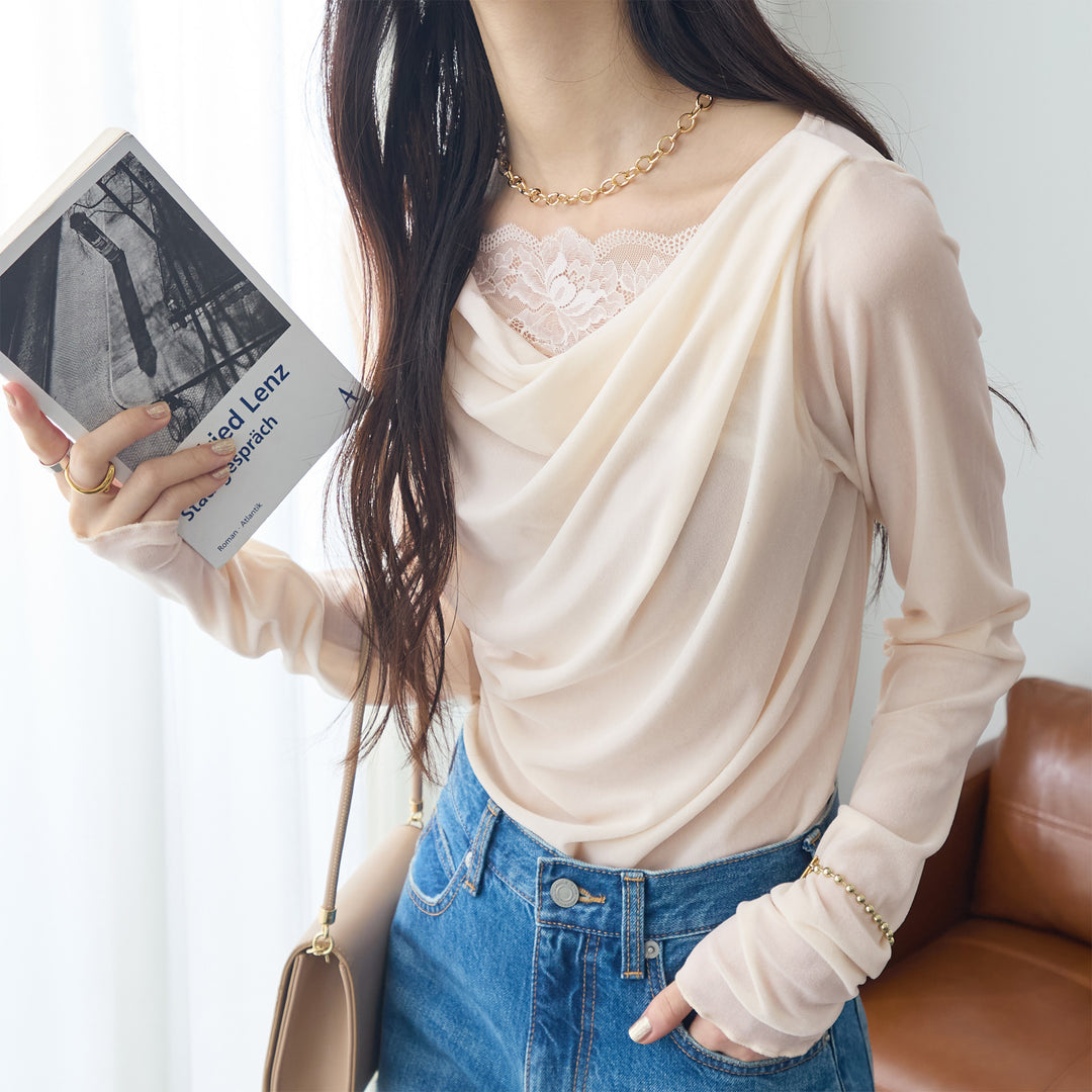 <span>【クーポンで2999円！】</span>【Tシャツ/カットソー】『ベロア×レース×ドレープ』 シアーベロアレース使いトップス