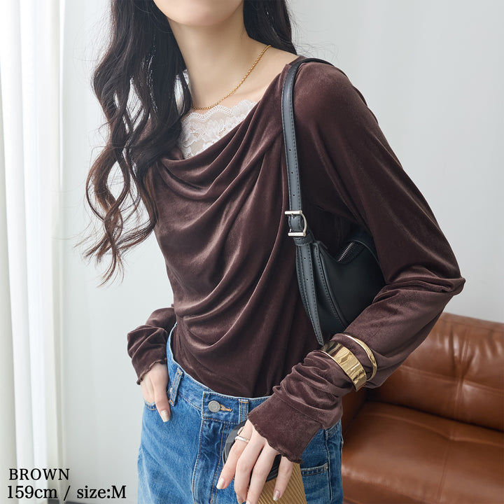 <span>【クーポンで2999円！】</span>【Tシャツ/カットソー】『ベロア×レース×ドレープ』 シアーベロアレース使いトップス