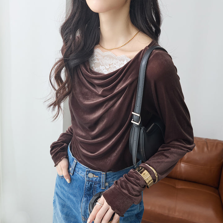 <span>【クーポンで2999円！】</span>【Tシャツ/カットソー】『ベロア×レース×ドレープ』 シアーベロアレース使いトップス