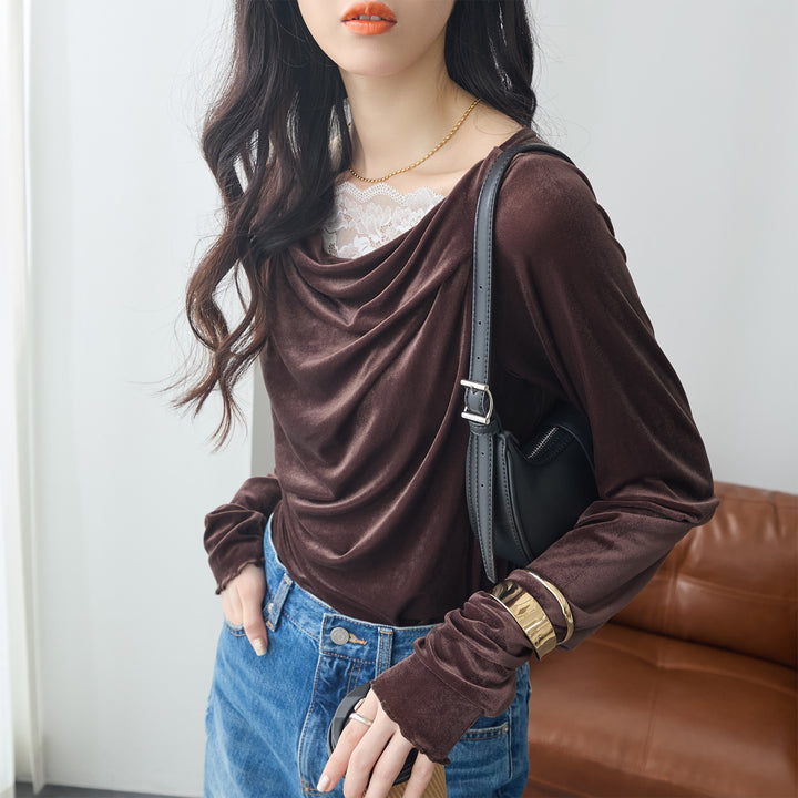 <span>【クーポンで2999円！】</span>【Tシャツ/カットソー】『ベロア×レース×ドレープ』 シアーベロアレース使いトップス