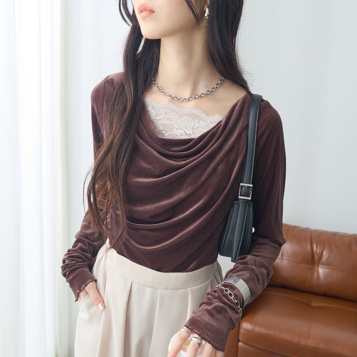 <span>【クーポンで2999円！】</span>【Tシャツ/カットソー】『ベロア×レース×ドレープ』 シアーベロアレース使いトップス