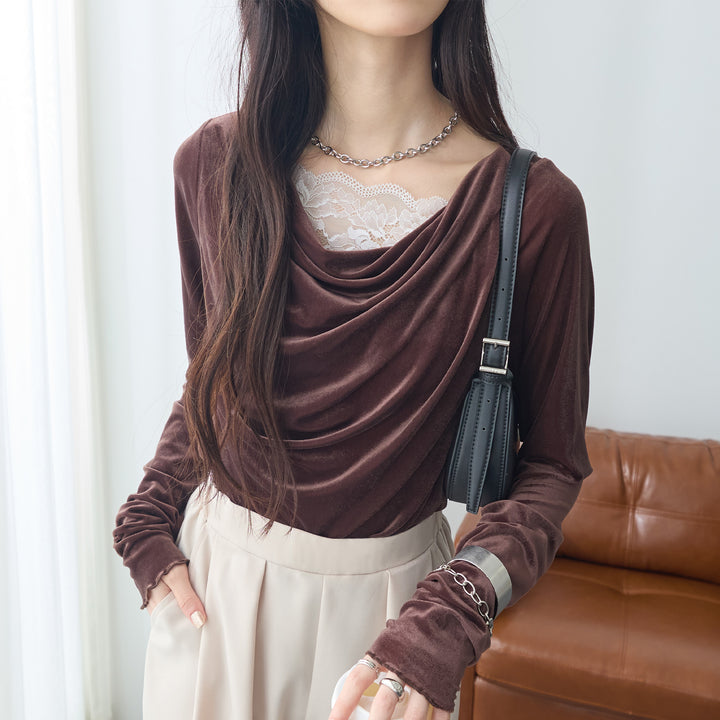 <span>【クーポンで2999円！】</span>【Tシャツ/カットソー】『ベロア×レース×ドレープ』 シアーベロアレース使いトップス