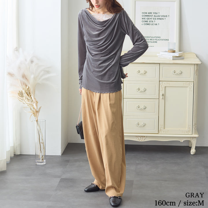<span>【クーポンで2999円！】</span>【Tシャツ/カットソー】『ベロア×レース×ドレープ』 シアーベロアレース使いトップス