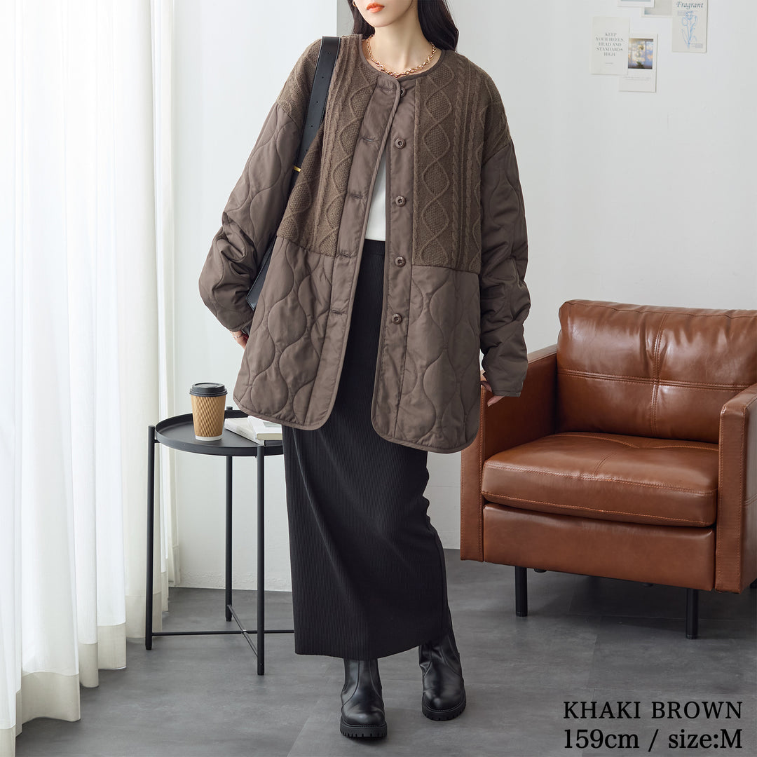 <span>【クーポンで4999円！】</span>【コート/ジャケット】『”キルト×ニット”の主役ジャケット』 ニットコンビキルトジャケット
