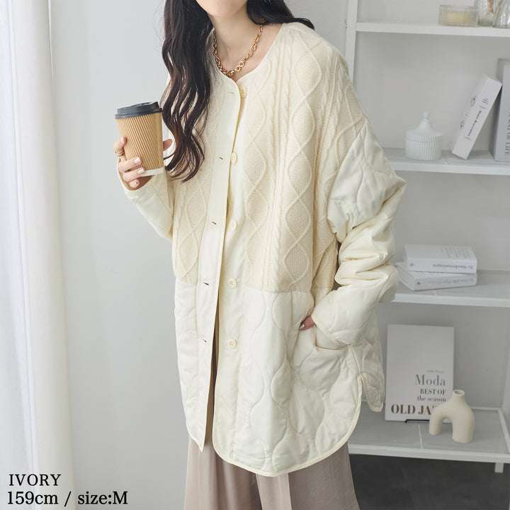 <span>【クーポンで4999円！】</span>【コート/ジャケット】『”キルト×ニット”の主役ジャケット』 ニットコンビキルトジャケット